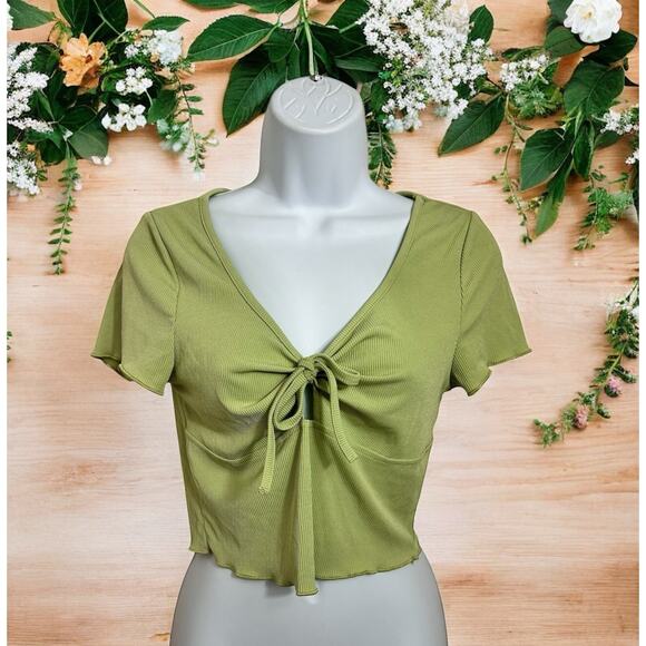 Shein Green Ribbed Crop Blouse Sz Large V-Neck Short Sleeve Top Retro Stretch - Picture 1 of 5